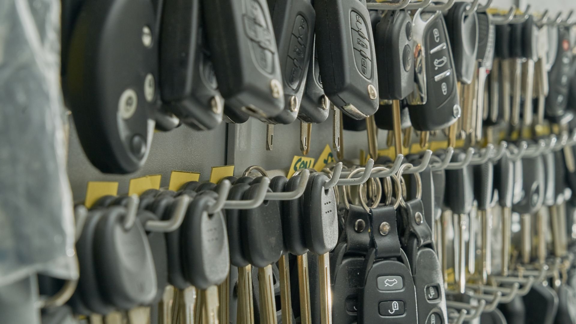 Rows of car key fobs hanging on hooks in a locksmith or automotive shop